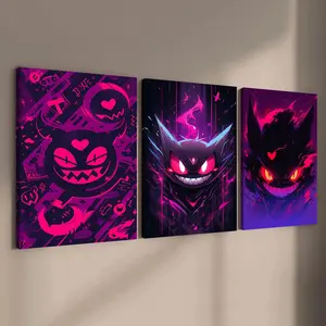 Cartoon Devil Pattern Artistic Canvas Print Painting with Wooden Frame, 3 Counts/set Modern Abstract Design Wall Art Painting, Wall Decor for Home Living Room Bedroom Office