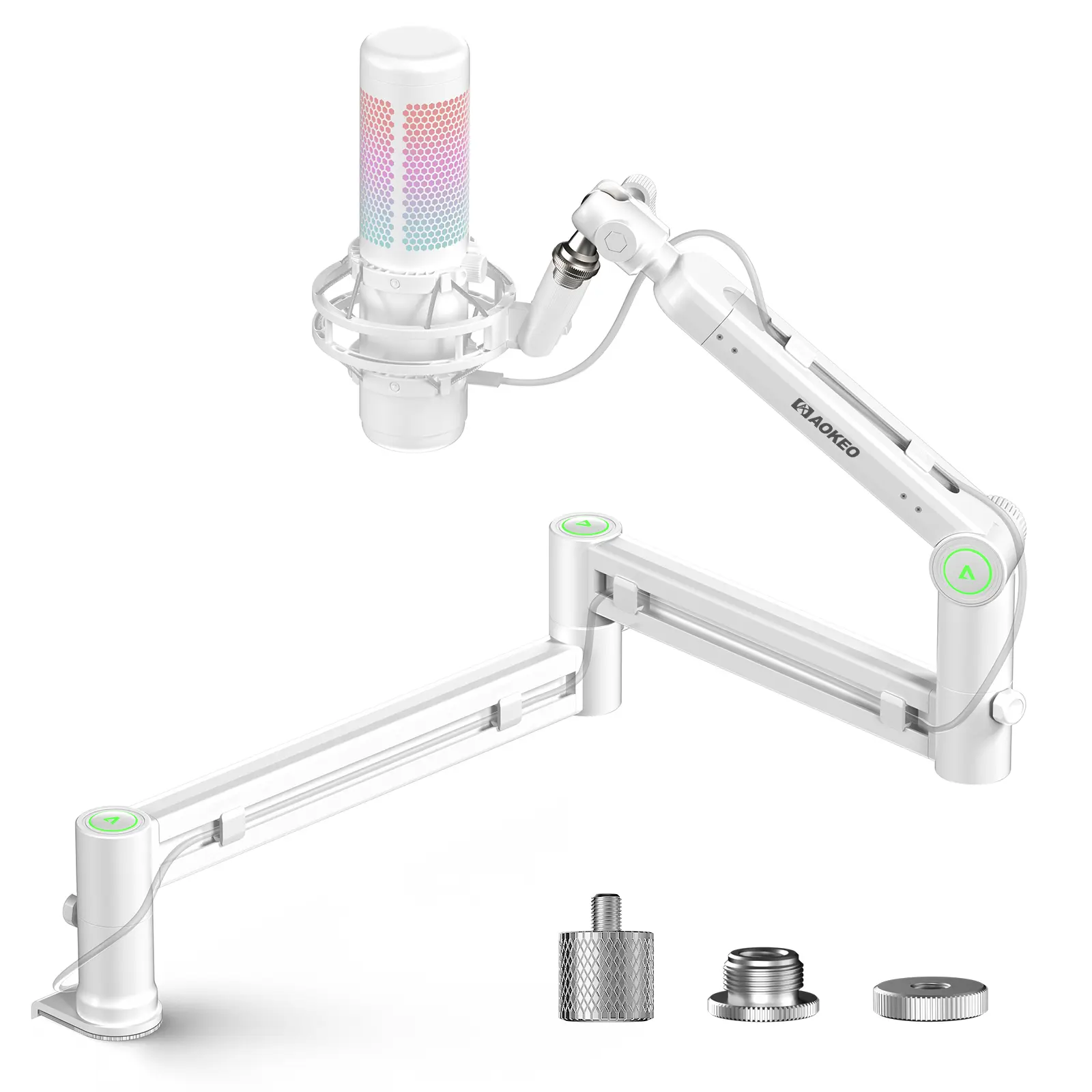 Aokeo AK58i Low Profile Steel Durable Boom Arm Microphone Stand with Cable Management, 1-Year After-Sales Service, 1/4"-5/8" Adapters, 180° Swing, 2kg Load Capacity - Audio Accessory for Blue Yeti, Snowball iCE (White), Accessories