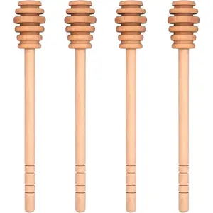 4PCS Wooden Honey Mixing Stirrer Smooth Honey Dipper Comb Stick Honey Spoon for Collecting Dispensing Drizzling Jam Straight Handle