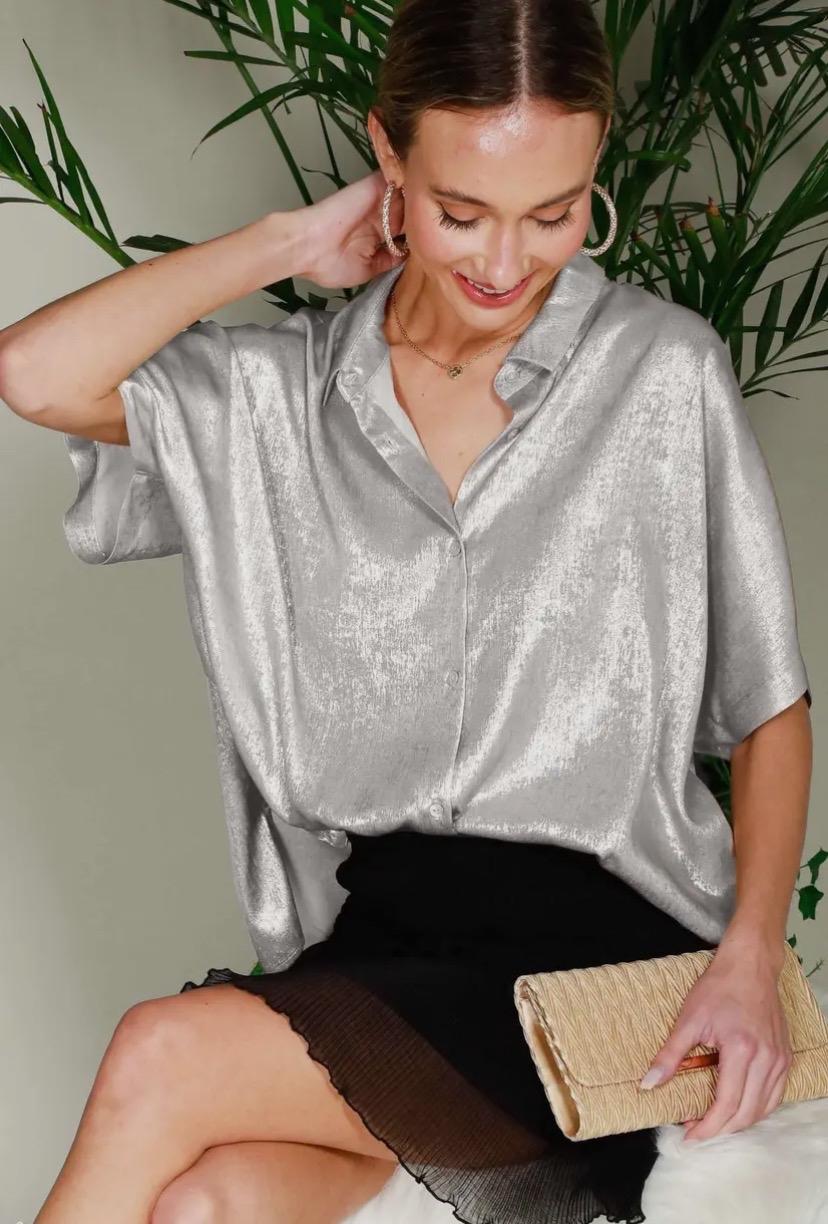 Women's Silver Collared Metallic Woven Button Down Top - Shirts, Womenswear