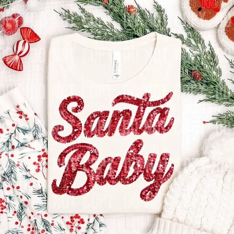 Santa Baby 11” DTF Direct to Film Transfer Christmas Red Glitter Design for Festive T Shirts