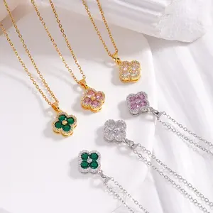 Women's Zirconia Four-Leaf Clover Necklace, Elegant Floral Pendant Design, Perfect Gift for Valentine's Day & Weddings