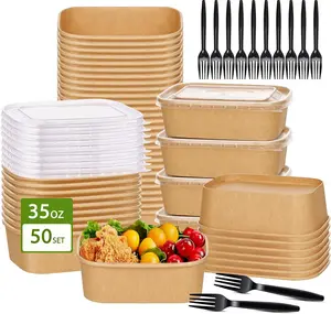 DI QIU REN 50-Pack 35Oz Disposable Kraft Paper Bowls with Lids and Forks Large Meal Prep Containers Leakproof Food Containers Microwave Safe for Hot Cold Food Solid Design