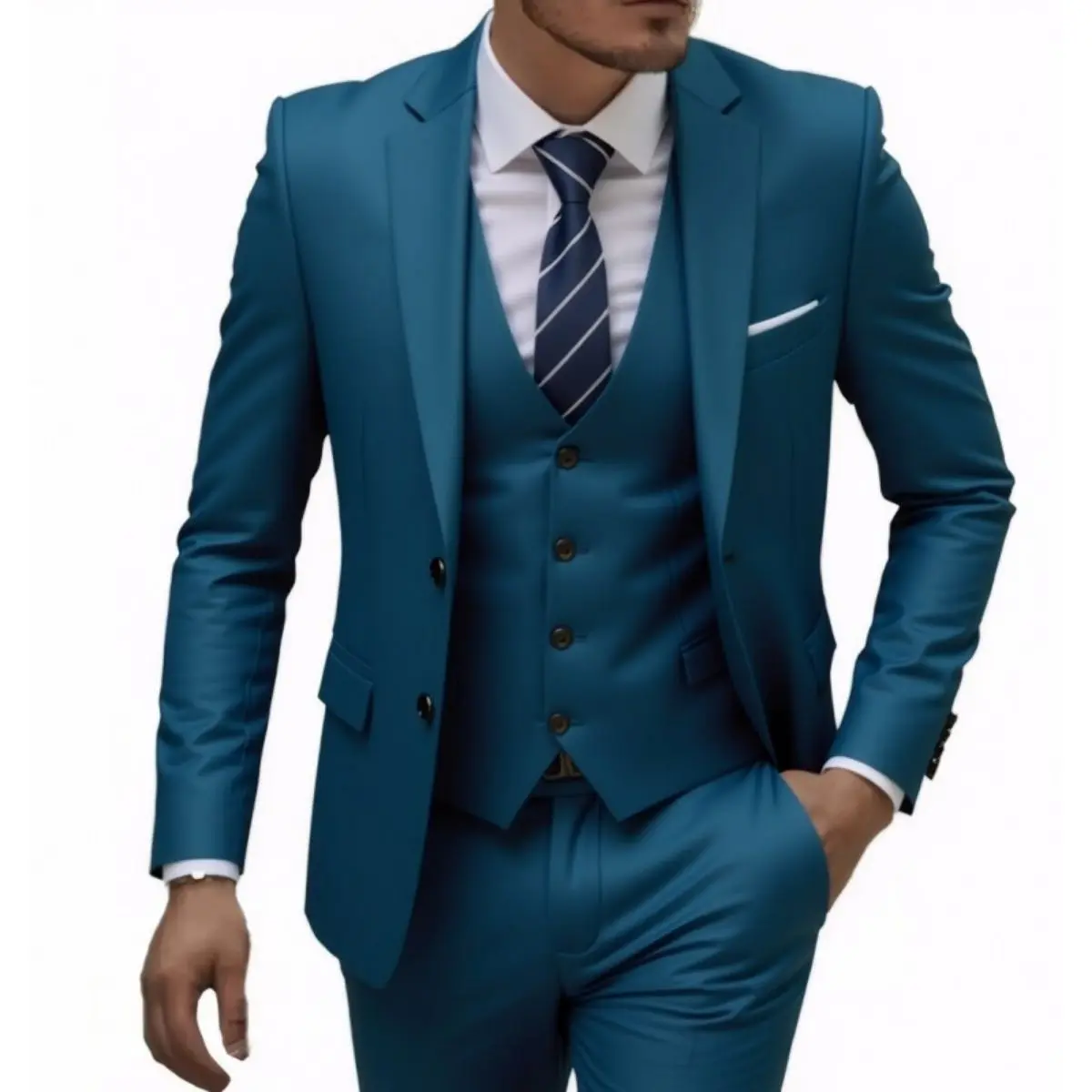 Men's Navy Blue Long-Sleeve Slim Fit Polyester Plain Menswear Suit with Decoration - Business Casual Formal Wear Clothes for Weddings, Groomsmen