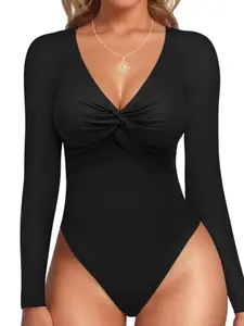 1 Count Women's Solid Plunge Deep V Neck Long Sleeve Slim Fit Loungewear Jumpsuit, Fitts Breathable Comfort Bodysuit, Thermal Womenswear, Knots and Wrinkles The Chest Basic Tops, Y2K,Cute Tee, Suitable For Home Leisure Out Fashion Wear, Skinny Bodysuit
