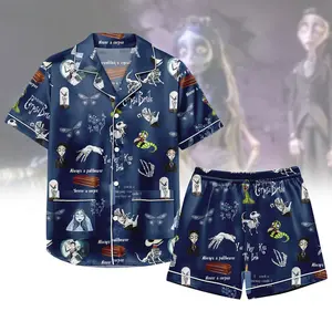 Halloween Corpse Bride Pajamas Set, Tim Burton Light Blue Short Pajamas, Horror Character Sleepwear for Family, Halloween Cosplay Satin Pjs