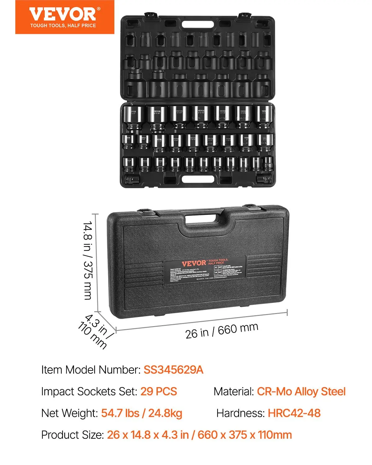 29-Piece 1/2 Inch Drive Impact Socket Set - SAE & Metric Sockets With Extension Bars