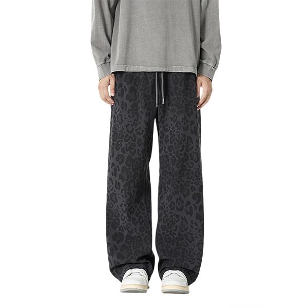 Men's Soft Brown Leopard Print Wide Leg Pants, Casual Drawstring Baggy Trousers, Perfect for Street, Skate, Daily & Streetwear