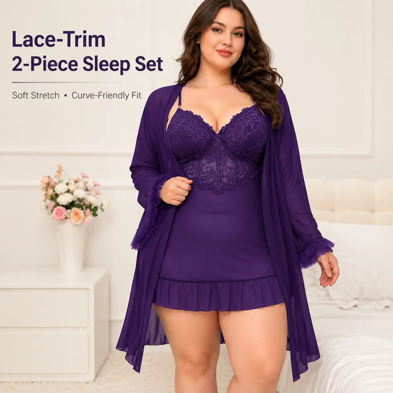 Women's Plus Size 2-Piece Lace Mesh Chemise and Robe Pajama Set, Purple Sleeveless Nightgown with Long Sleeve Sheer Robe, 1XL-5XL