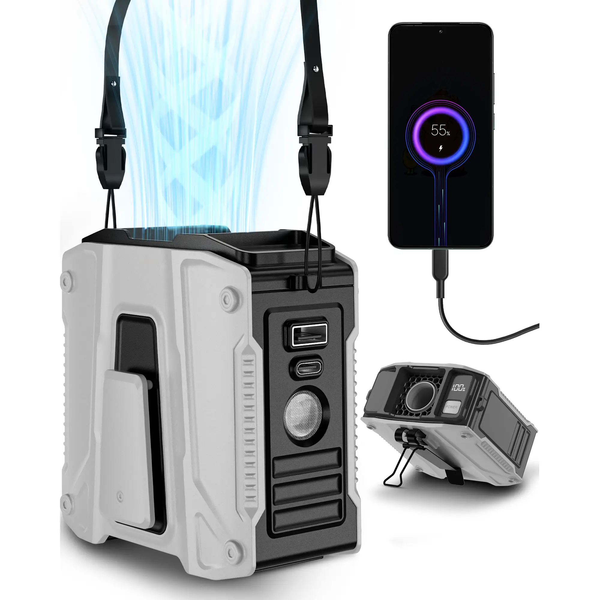 FrSara Waist Fan, 8000mAh PowerBank, Portable Fan, Metal Clip, High Speed ​​Fan, Cooling Fan that Blows w/ Lanyard, 5-Speed, Light, LED Display, 5 in