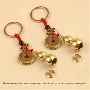 Hanging Brass Keychain Feng Shui Set, Good Luck Wealth Health Success Charm, Multi-Purpose Gift Bag, Lucky Coin with Brass Gourd Design