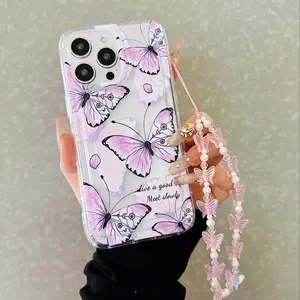 Butterfly Pattern Phone Case with Beaded Chain, Decorative Phone Protector Cover, Phone Accessories Compatible with iPhone 11 12 13 14 15 Pro Max
