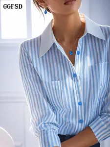 Women's Blue Striped Polo Neck Collared Long Sleeve Shirt, New Arrival 2026, Luxurious High-End Korean Style, Unique and Beautiful Top, Chic, Aesthetic, Fashion