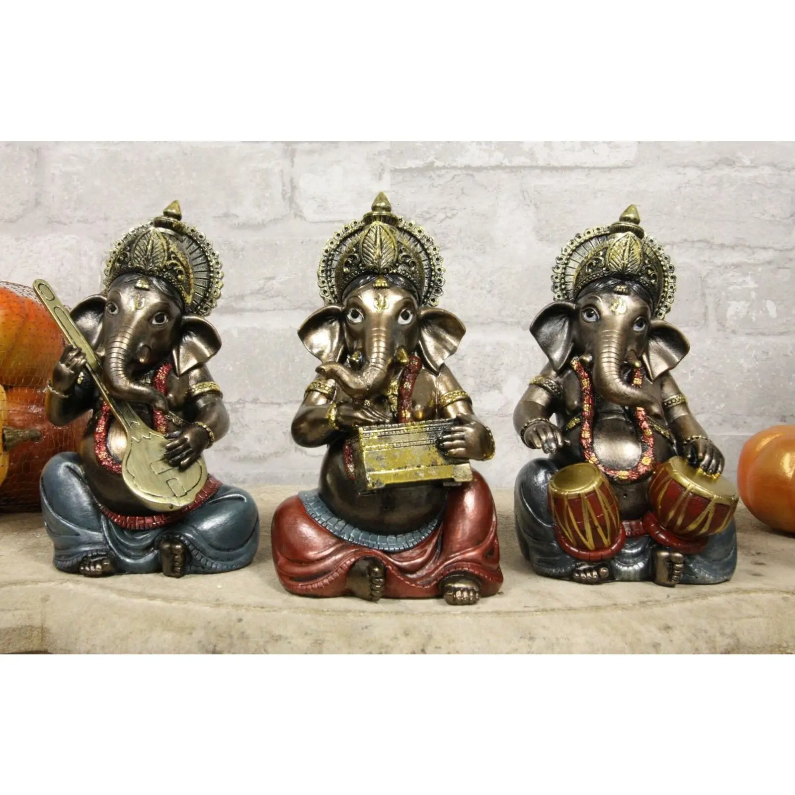 Ebros Hindu Elephant God Ganesha Playing Dholak Sitar And Harmonium Figurines Set of 3
