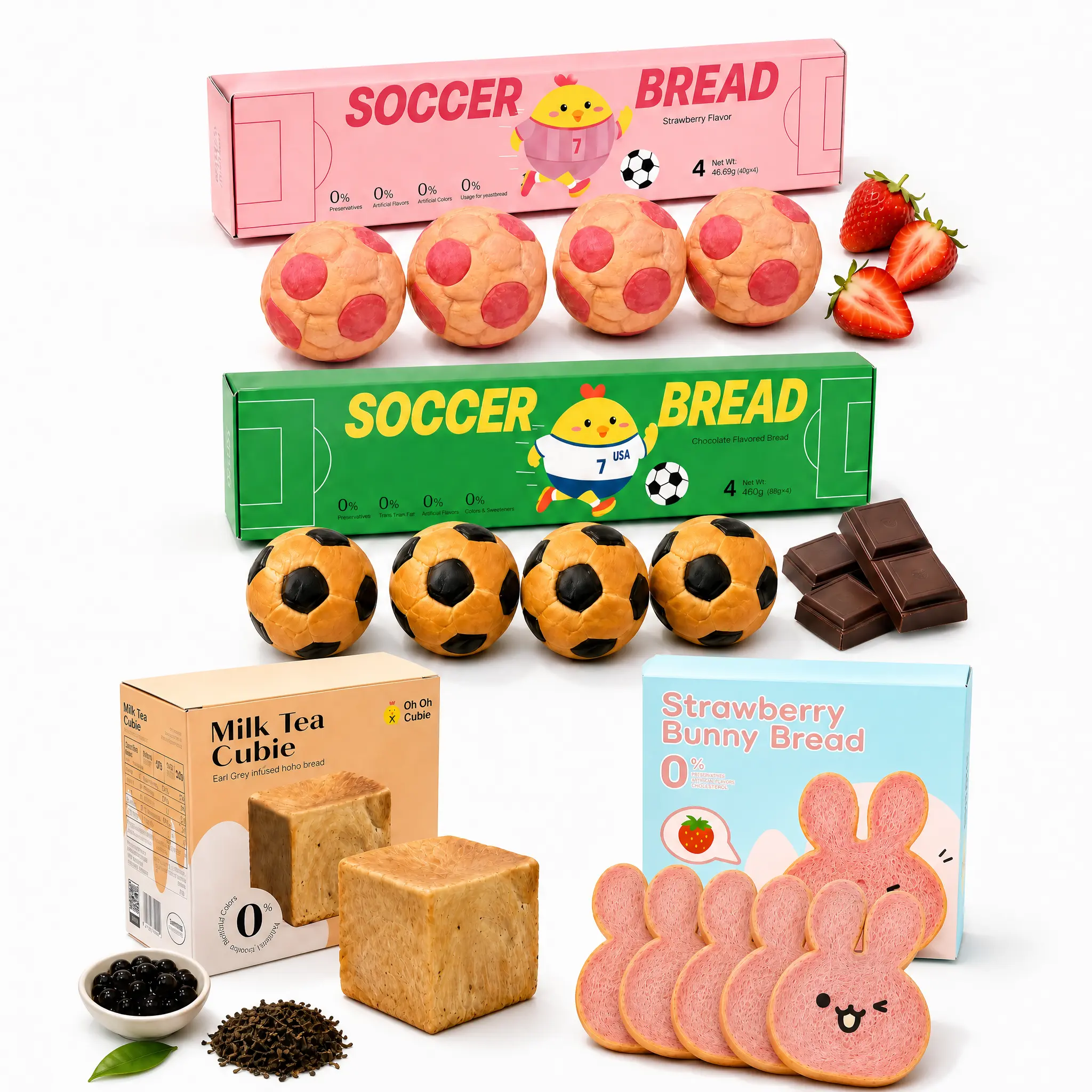 Cute Oh Oh Cubie Collection - Soccer, Bunny, Milk Tea & Chocolate Variants - Real Ingredients, No Preservatives, Fresh Bread