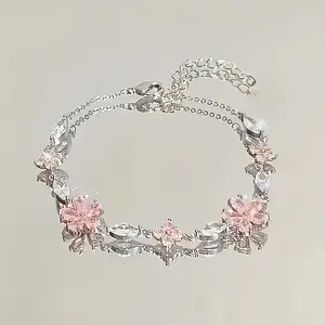 1 Women's S925 Silver Pink Cherry Blossom Bracelet, Fashionable, Cute, Exquisite Square Synthetic Synthetic Zirconia Petal Cherry Blossom Bracelet Adjustable bracelets for women bracelet stack bracelet men arm cuff jewelry matchingbracelets
