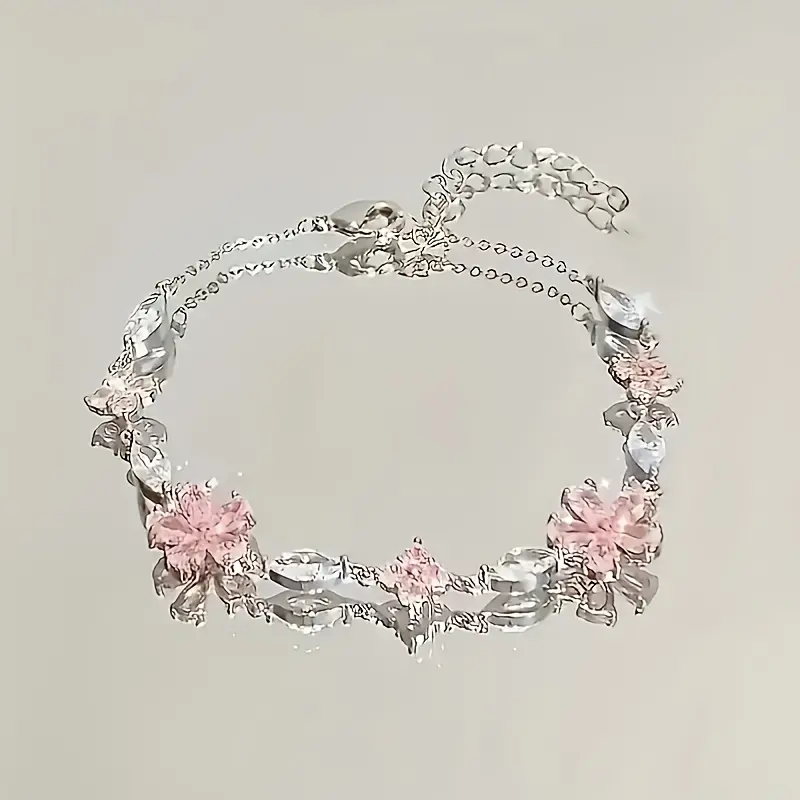 1 Women's S925 Silver Pink Cherry Blossom Bracelet, Fashionable, Cute, Exquisite Square Synthetic Synthetic Zirconia Petal Cherry Blossom Bracelet Adjustable bracelets for women bracelet stack bracelet men arm cuff jewelry matchingbracelets