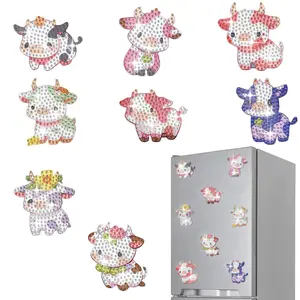 Cartoon Cow Pattern Diamond Arts Colorful Painting Kit Sticker, 8 Counts/set DIY Painting Sticker, DIY Decorative Sticker for Home Wall Refrigerator, Diamond Painting Kits
