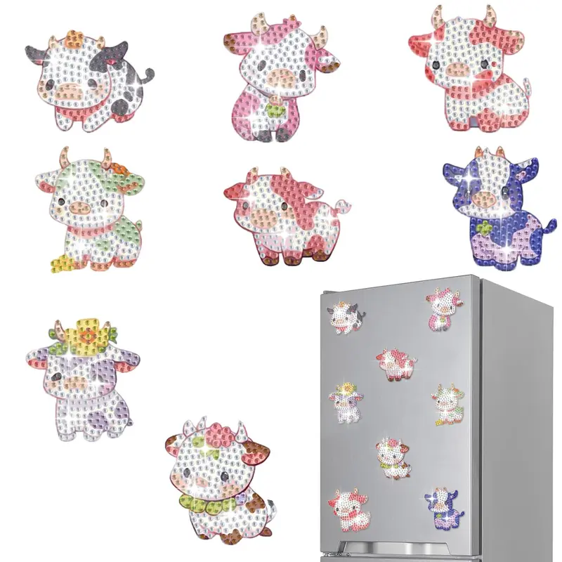 Cartoon Cow Pattern Diamond Arts Colorful Painting Kit Sticker, 8 Counts/set DIY Painting Sticker, DIY Decorative Sticker for Home Wall Refrigerator, Diamond Painting Kits