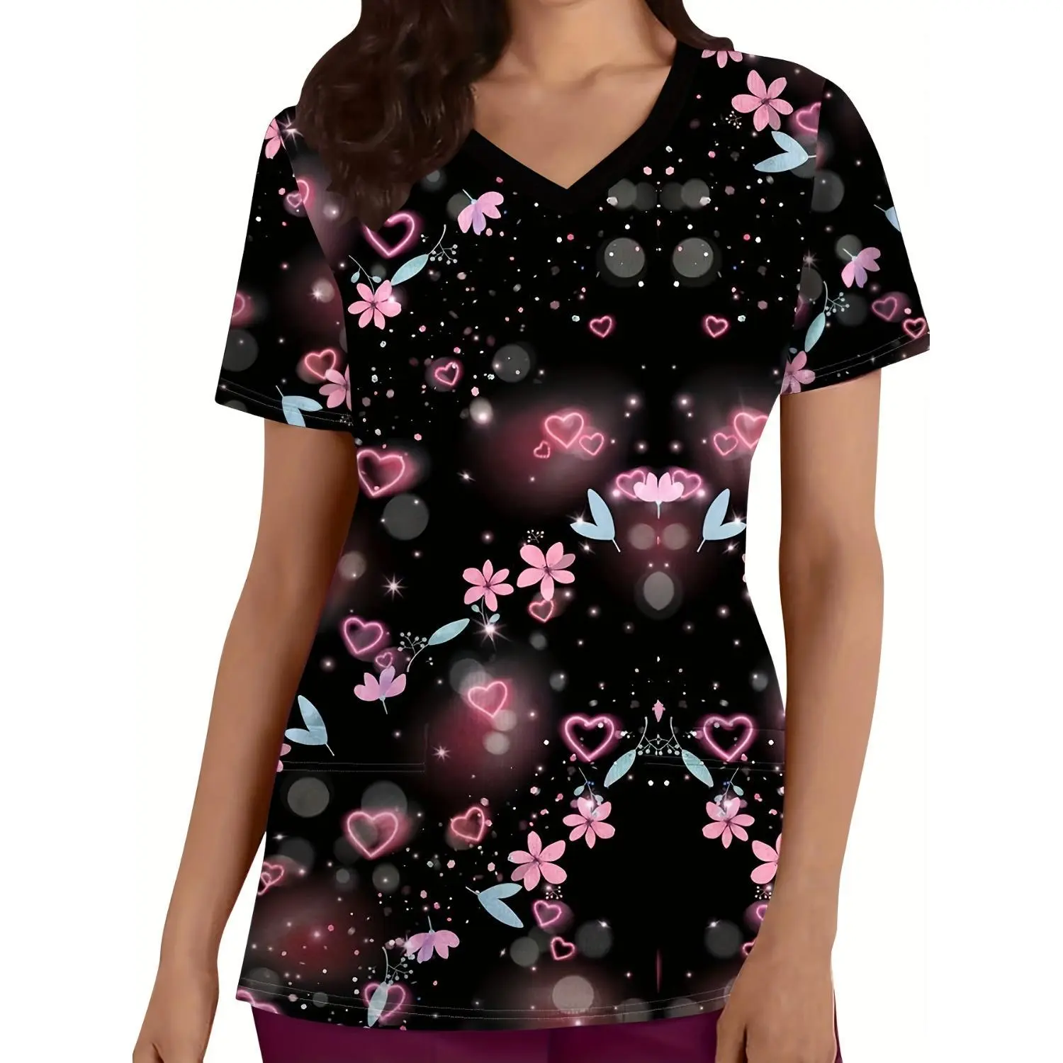Charming Heart Print V-Neck Scrub Top, Short Sleeve Pocketed Nurse Uniform T-Shirt for Women
