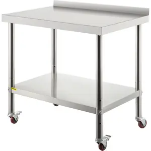 VEVOR Heavy-Duty Stainless Steel Prep Table with Wire Drawing Finish, 30x24x35 in, 440lbs Load Capacity, Backsplash, Adjustable Shelf, 4 Casters, Lightweight Commercial Workstation for Kitchen, Restaurant
