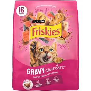 Friskies Gravy Swirlers Dry Cat Food – Chicken & Salmon Flavor with Gravy Coating (16 lb Bag)