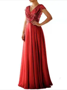 Women's 2026 Spring Summer New European Style Dress, V Neck Sequin Chiffon Sleeveless Evening Gown, Slim Fit Party Dress
