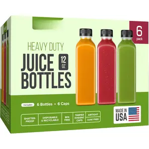 12 oz Plastic Juice Bottles With Caps - 6 Pack  Juicing Bottles  - Juice Container For Fridge - Shatterproof, , Leak proof, Disposable & Recyclable