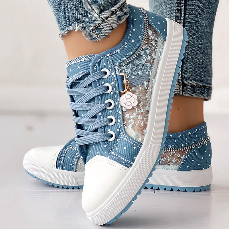 Floral Pattern Embroidery Dot Print Sneakers Women Casual Low Top Lace Up Walking Shoes Sport On Breathable Chic Fashion Non Soft Stitching Flexible Slip Durable Mesh Staple Essential Comfort Cushion stylish sleek
