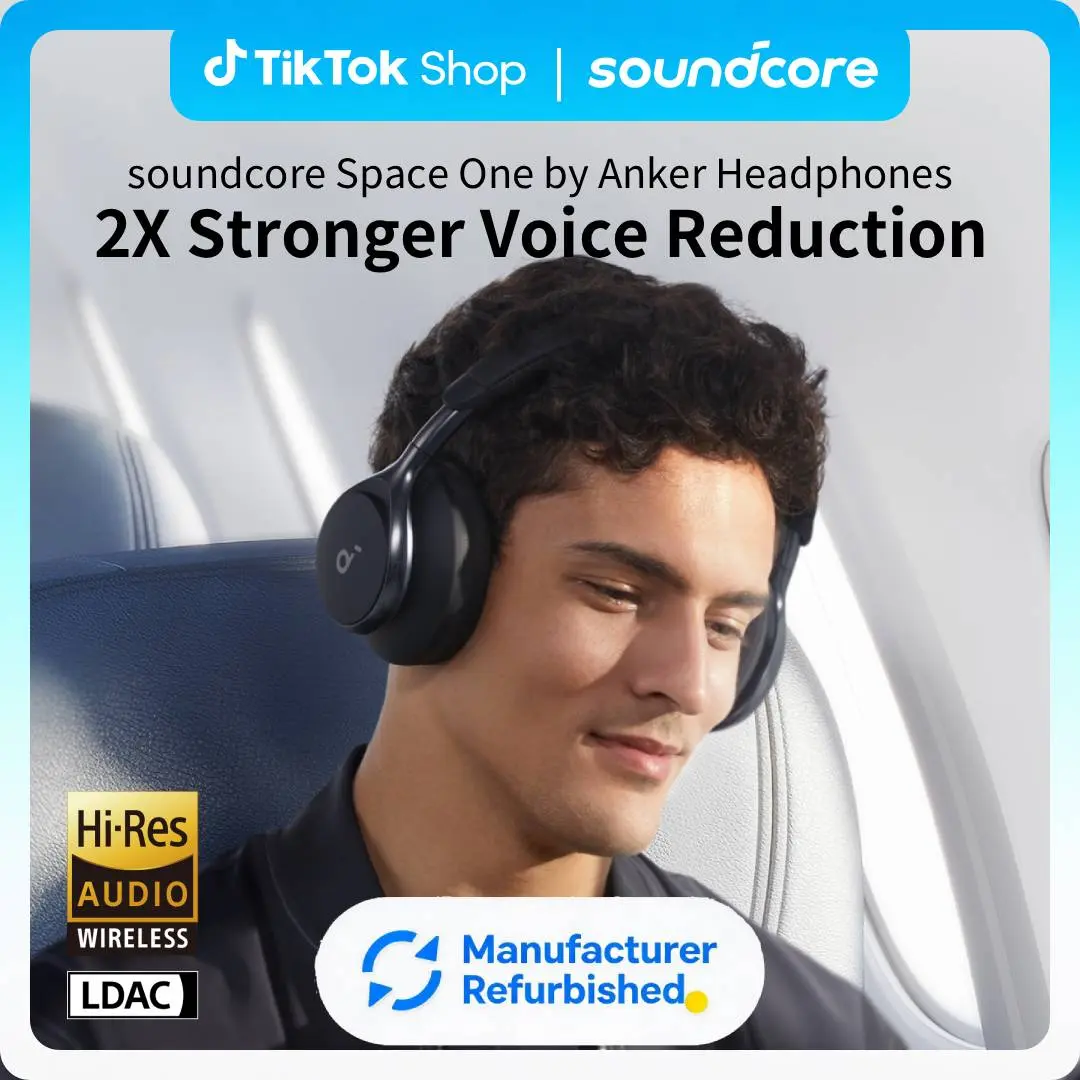 [Refurbished]soundcore by Anker, Space One, Active Noise Cancelling Headphones, 2X Stronger Voice Reduction, 40H ANC Playtime, App Control, LDAC Hi-Res Wireless Audio, Comfortable Fit, Clear Calls, Bluetooth 5.3