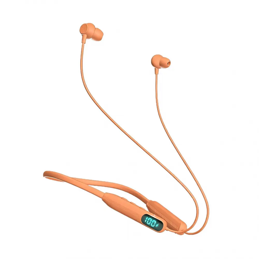 Orange Neckband Wireless Earbuds - In-Ear Workout Headset with IPX4 Sweatproof Silicone, Hi-Fi Sound, LED Battery Display, Magnetic Connection, Cable Management, ENC Noise Cancellation, Smart Voice Assistant, Charging Support for Sports & Hands-Free Calls