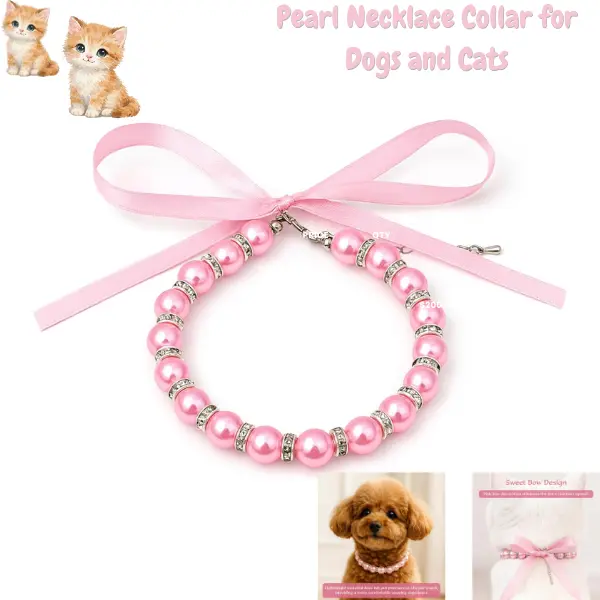 Adjustable Pearl Dog & Cat Collar with Rhinestone Bow | Elegant Pink Pet Necklace for Small Dogs & Cats | Princess Pet Jewelry Collar for Wedding, Birthday, Photoshoot & Special Occasions