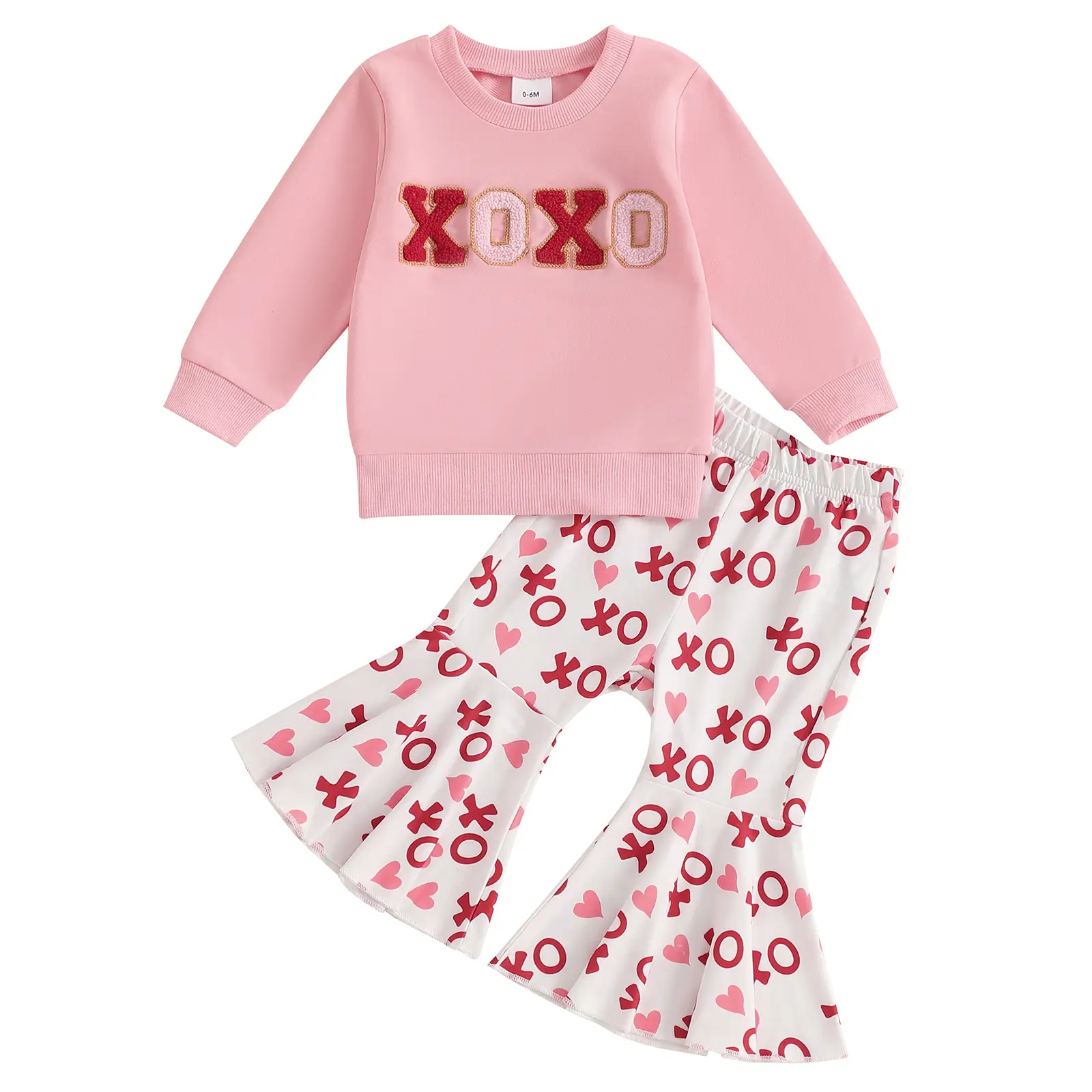 Canrulo Toddler Girl Valentines Day Outfit Letter Long Sleeve Sweatshirt Heart Print Flare Pants Set Cute Baby Clothes