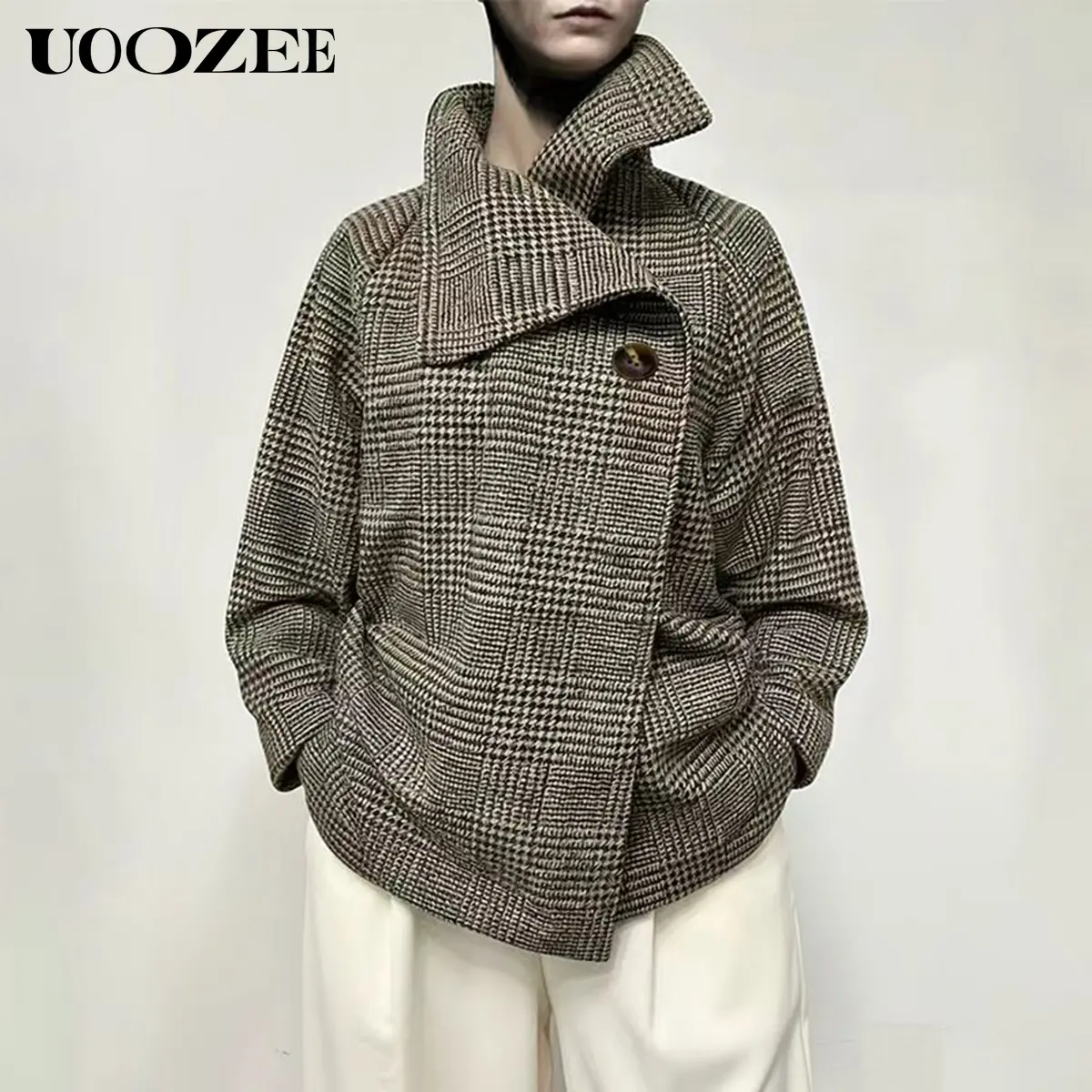 UOOZEE Women's Retro Plaid Houndstooth Long Sleeve Jacket - Casual Loose Fit Light Coat, Stand Collar, Asymmetric Buttons, Breathable Polyester, Fashion Apparel for Chic Aesthetic Casual Ootd