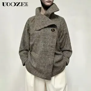 UOOZEE Women's new 2025 New Autumn Winter Coat Plaid Stand Collar Jacket, Fashion Retro Plaid Houndstooth Pattern Button Asymmetric Light Coat for Commuting, Casual Outing or Dating