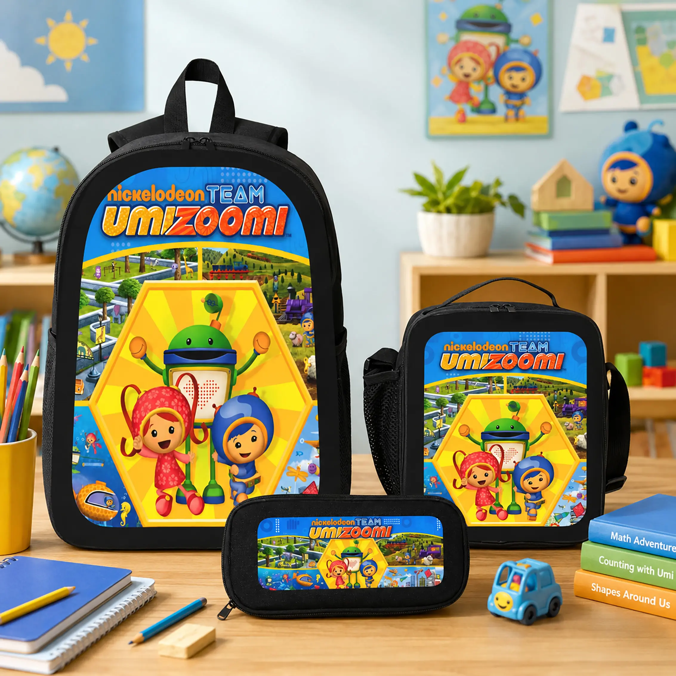 3PCS Team Umizoomi Cartoon Backpack Set - Polyester Cute Daypacks with Lunch Bag, Pencil Case, Zipper Closure, Colorful Characters - Back to School Haul for Kids Students, Lightweight Durable Functional Bag