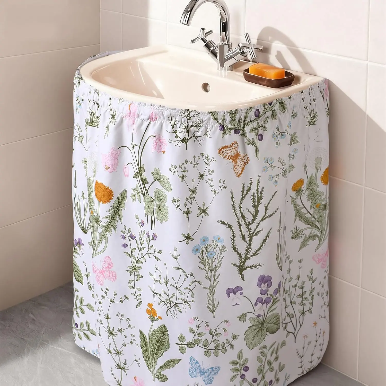 Self-Adhesive Sink Skirt, 55"x32" Waterproof Fabric Under Sink Cover with Diamond Stitch, Hide Pipes & Storage for Bathroom, Kitchen, Laundry Room, Rental Home Decor(Pastoral)