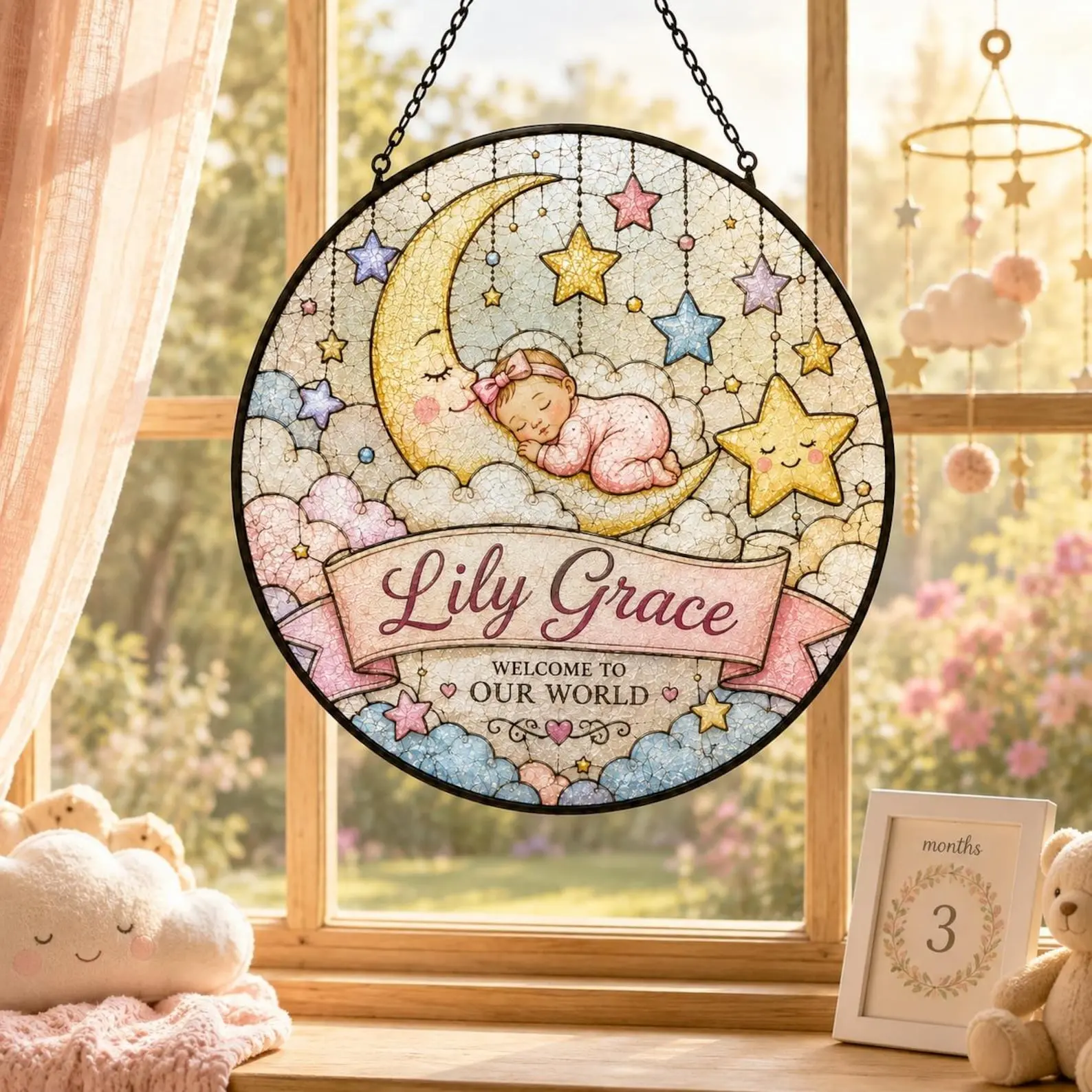 Personalized Baby Name Dreamy Moon & Stars Suncatcher, Custom Acrylic Stained Glass Style Nursery Window Hanging, Newborn Welcome to Our World Keepsake Baby Shower Gift