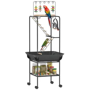 Rolling Parrot Play Stand – 24.8"L x 24.8"W x 64.2"H, 4 Heavy-Duty Casters (2 Lockable), Seed Guard, Pull-Out Tray, Bottom Storage Shelf