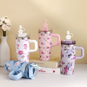 1pc 14 oz Printed Series 304 Stainless Steel Car Cup, with Handle and Straw, Double Walled Travel Mug for Outdoor Sports, Back to, Christmas, Thanksgiving, Valentine's Day Gifts