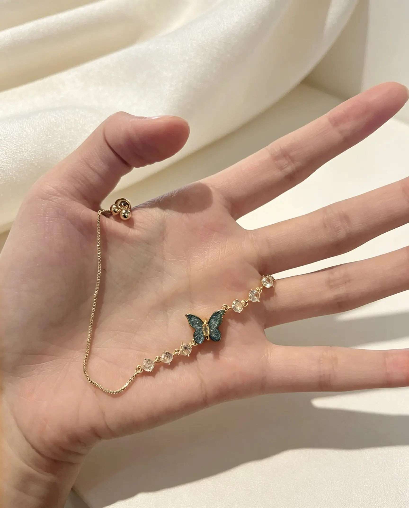 Sparkling Blue Enamel Butterfly Crystal Bracelet | Adjustable Gold Tone Copper Alloy Slider Bangle | Dainty Fairycore Jewelry | Y2K Coquette Charm Bracelet | Soft Girl Ethereal Gift (26cm)