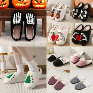 Cozy Slippers for Women Men Indoor Outdoor Fuzzy House Shoes with Memory Foam Anti-Skid Sole Black Pumpkin Footwear for Halloween Christmas Gifts