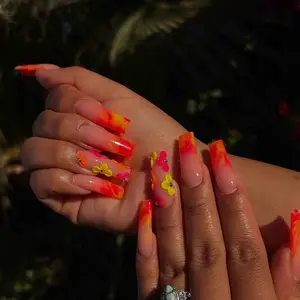 Handmade Tropical Sunset Press On Nails – Bright Orange Yellow Marble Tips with 3D Neon Flowers, Long Square Summer Nails