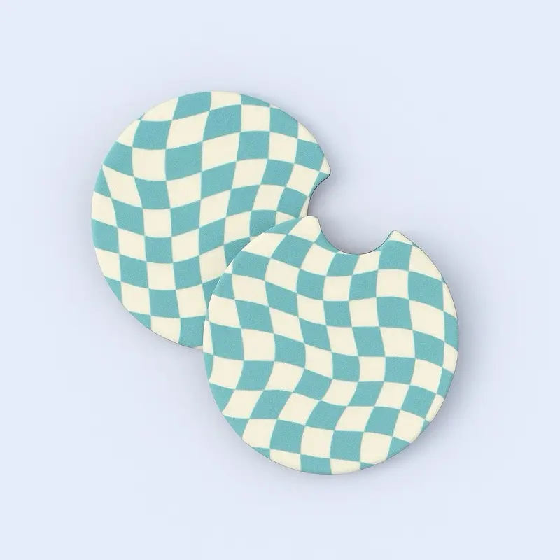 Blue Checkered Car Coasters Absorbent Cup Holder Inserts for Vehicle Use Wavy Checkerboard Design Turquoise Cream Retro Blue Aesthetic