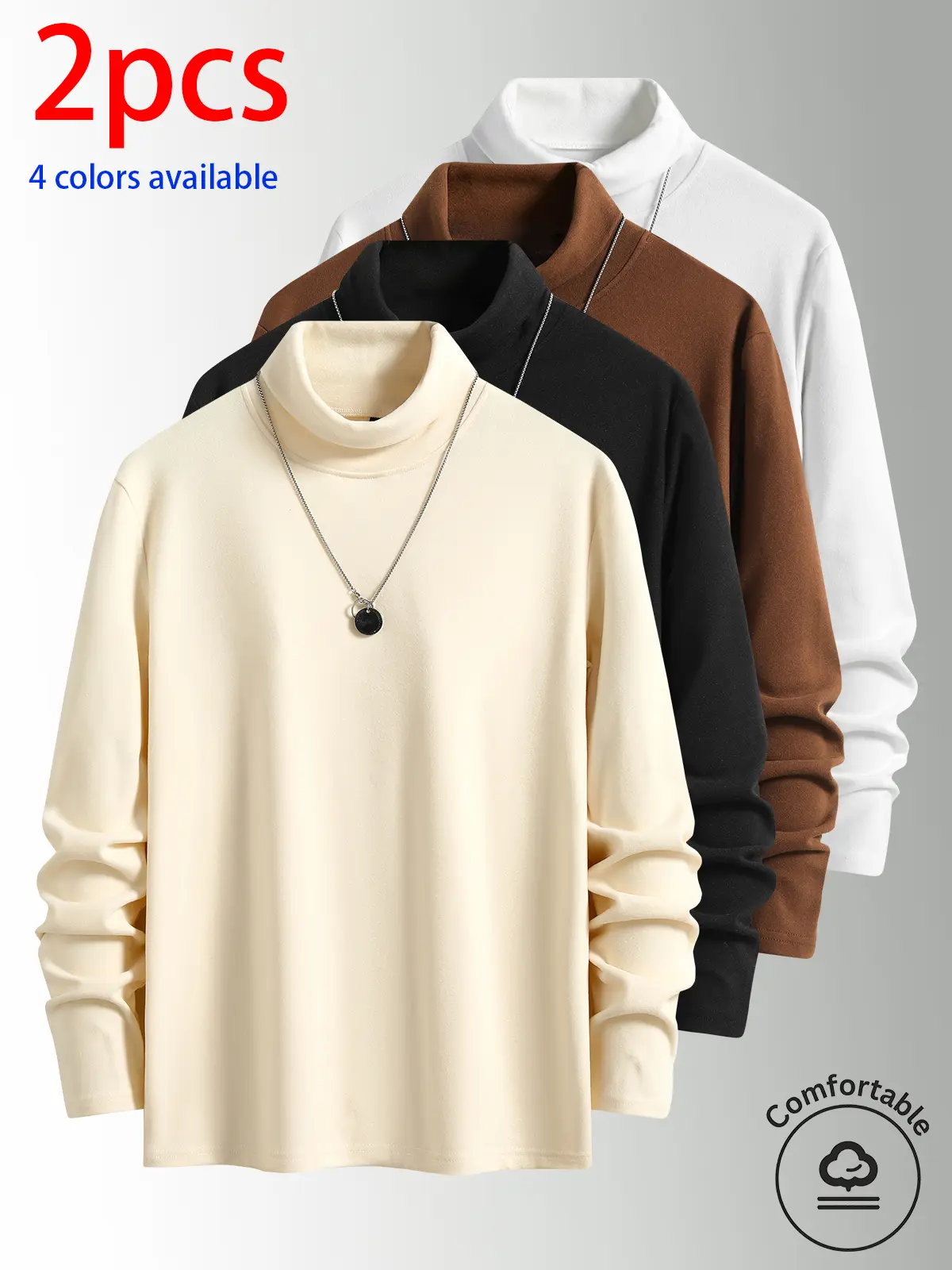 2-pack men’s long-sleeve T-shirts; men’s high-neck long-sleeve top; men’s terry high-neck base layer shirt. Stretch fabric that isn’t tight; solid-color long-sleeve layering top—basic style. High-neck design provides wind protection and temperature retent