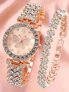 Women's Elegant Rhinestone Decorated Watch & Bracelet Set, 2024 New Style Fashion Butterfly Design Round Dial Analog Quartz Watch & Bracelet, Trendy Watch Set for Gift Rhinestone Wristwatch