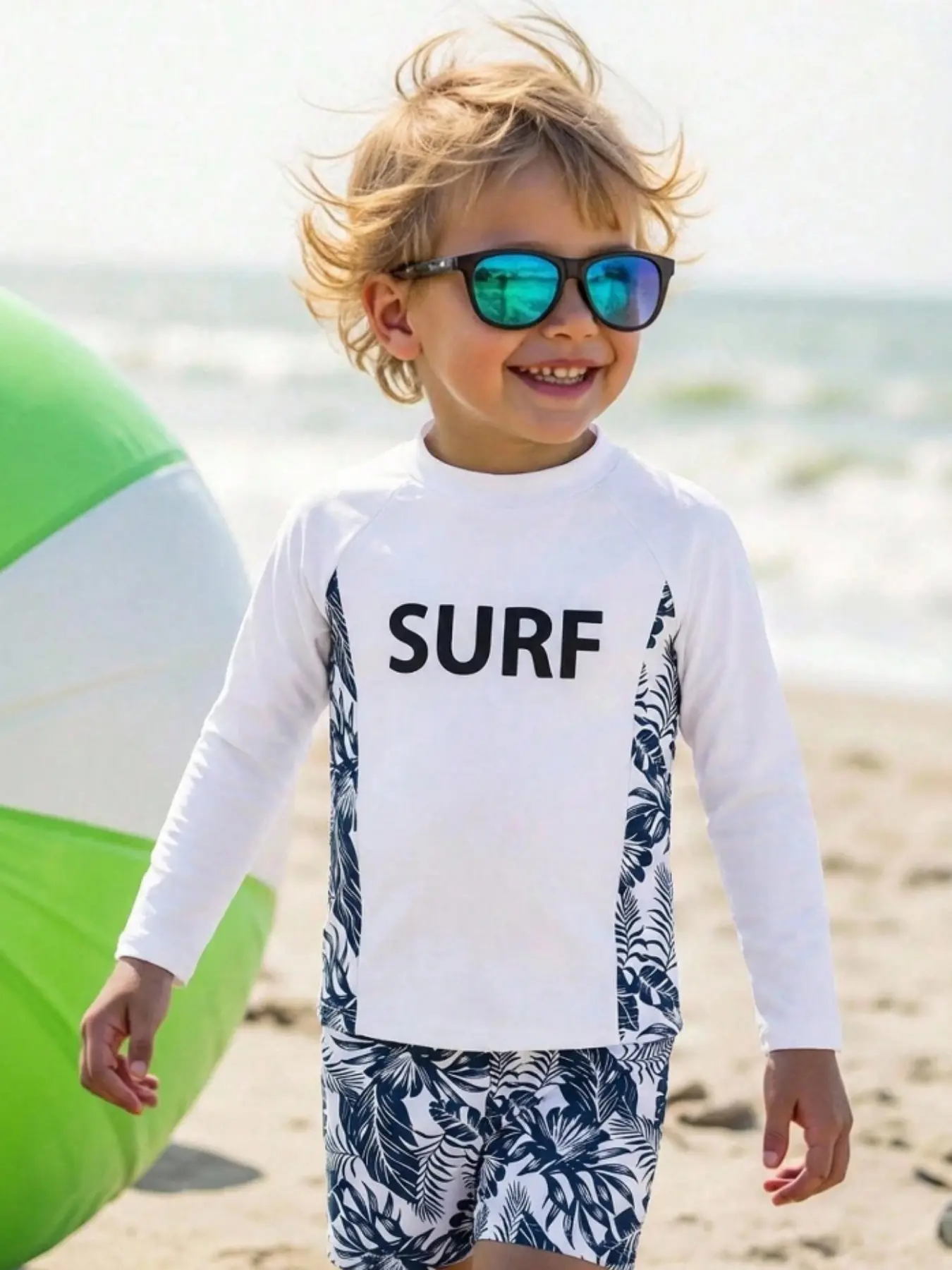 Boys' Long Sleeve Two-Piece Swimsuit, Printed Swimsuit, Surf Letter Plant Print, Baby Beach Surf Sun Protection Quick Dry Swimming Set, Swimwear Outfits