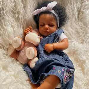 20 inch Huggable Reborn Baby Doll Dark Brown Skin Girl with Afro Puffy Hair Soft Cloth Body Full Limbs Denim Dress Gift for Kids Gifts Collectors Collectible Dolls Sleeping Doll
