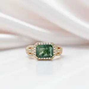 8*6mm Emerald Natural Green Moss Agate Engagement Ring