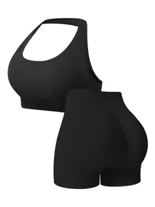 Women's Two-Piece Sports Set, Halter Top Design, Neckline & Shoulder Line Accent, Front Embroidered Seam, Short Pants, Unique Waistband